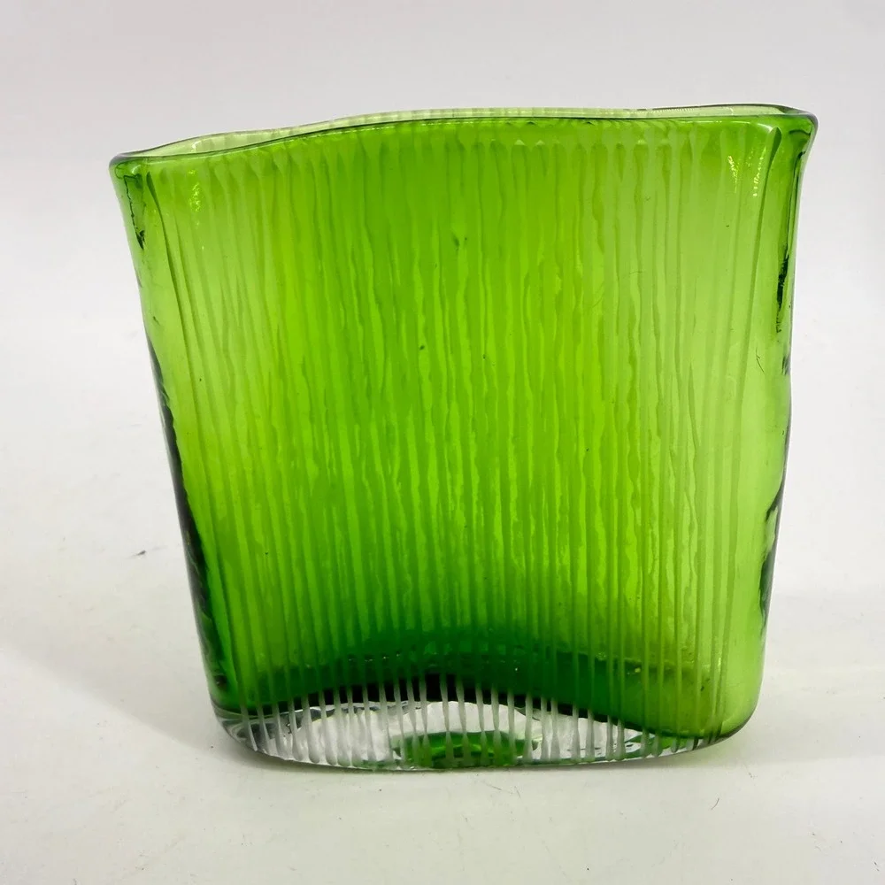 Art Glass Vase Decorative Vase Green Ribbed Hand Blown Slim Rectangular Fluted